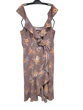 Floral Ruffle Wrap Midi Dress in Taupe